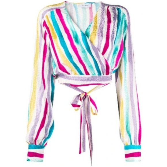 Art Dealer Rainbow Stripes 100% Silk Wrap Tie Waist Short Top Made Italy M NWT - Picture 3 of 11